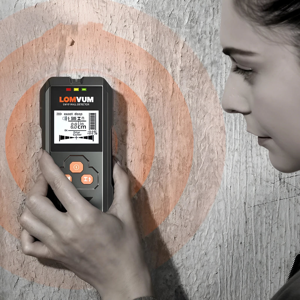 Handheld multifunctional wall detector with display for locating metal, wires, and wood.