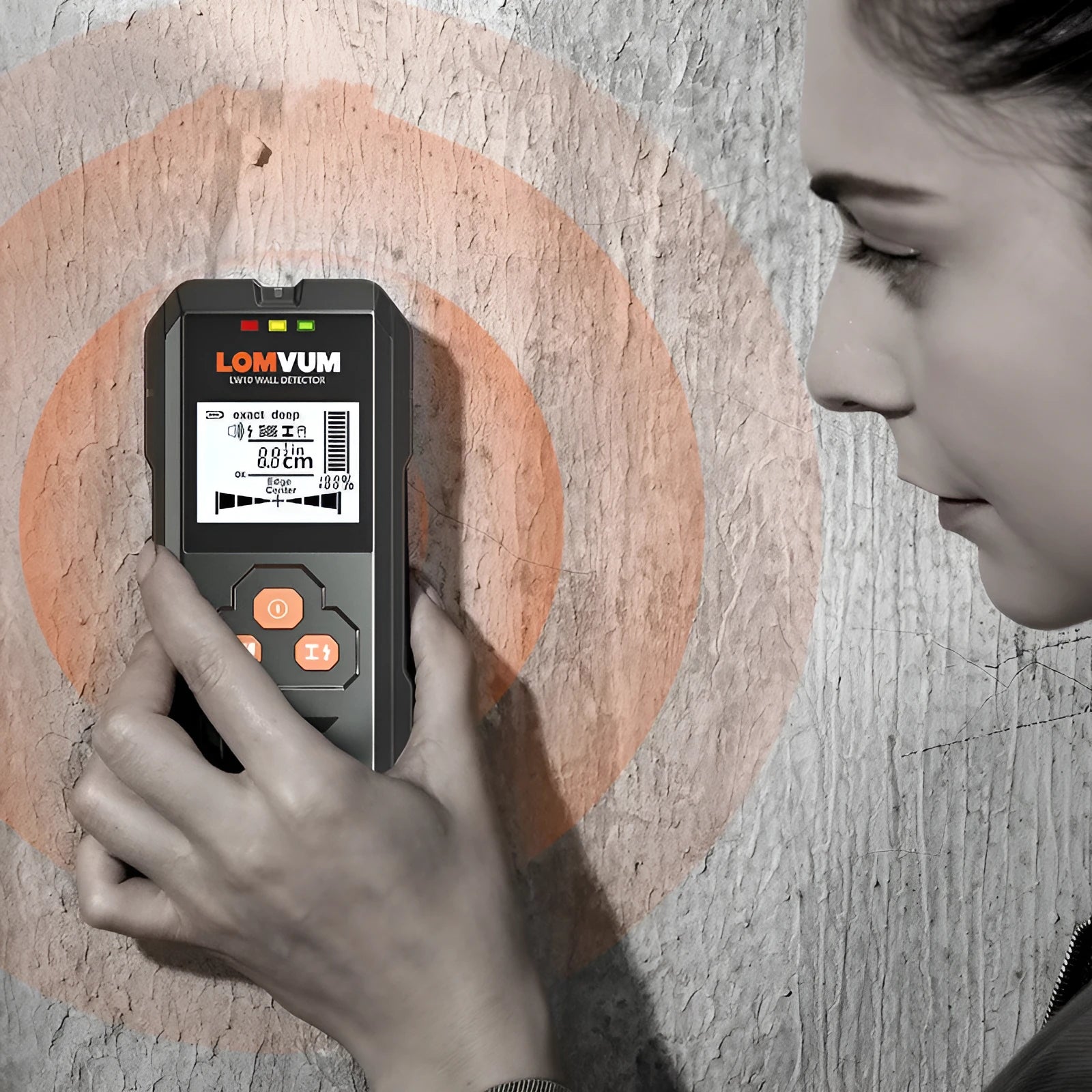 Handheld multifunctional wall detector with display for locating metal, wires, and wood.