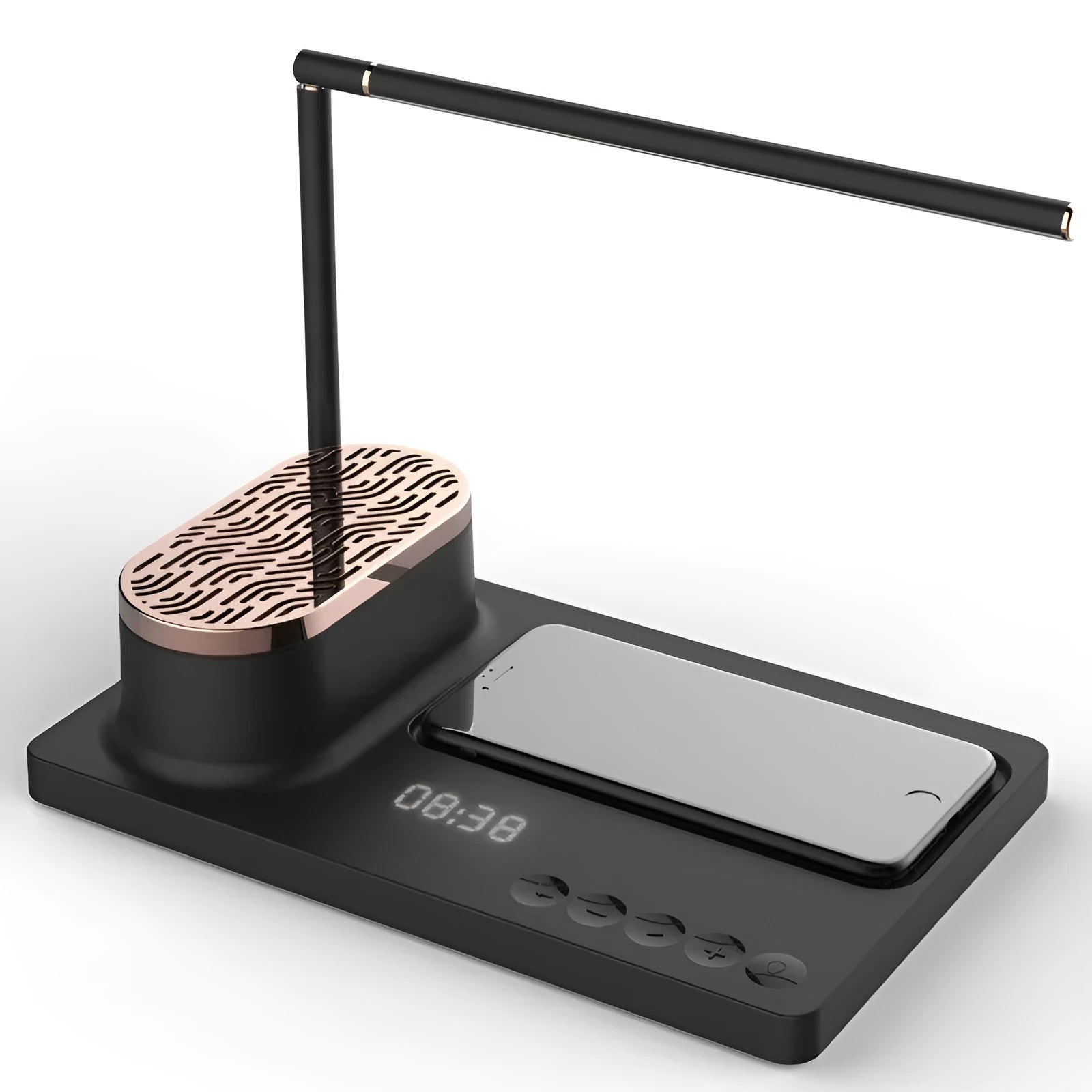 Wireless Bluetooth sound desk lamp in white, aluminium alloy and ABS, side view showing USB port