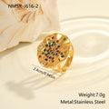 Geometric pleated stainless steel ring with colourful inlaid crystals on an adjustable open band.