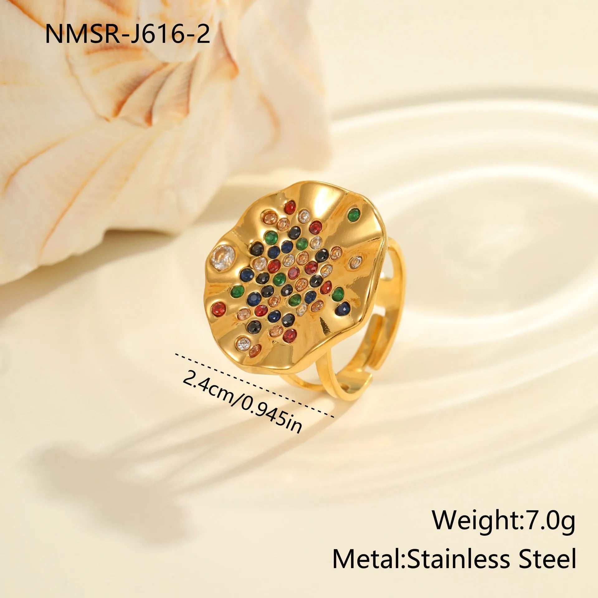 Geometric pleated stainless steel ring with colourful inlaid crystals on an adjustable open band.