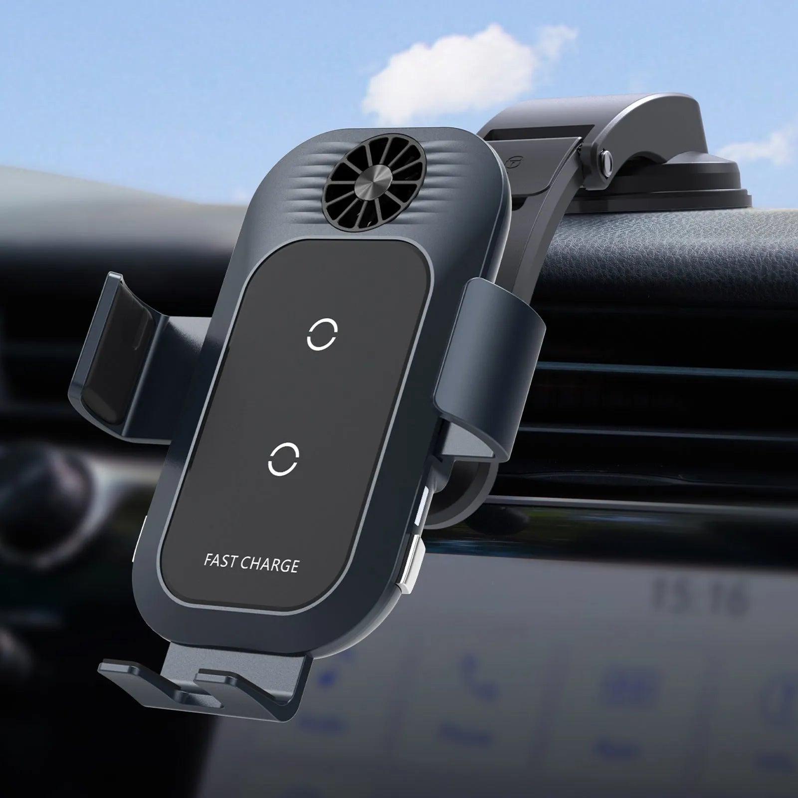 Car wireless charger phone holder with matte oil face shell, dual coils, and suction cup air outlet mount in colour C35