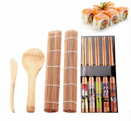 White sushi tool set with bamboo rolling mat and rice paddle for making sushi at home