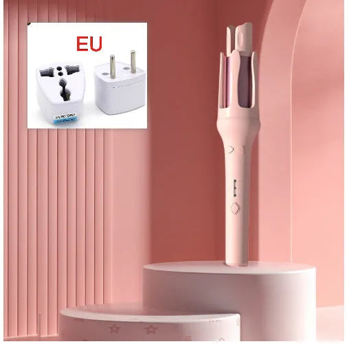 32mm automatic hair curler in pink or purple with UK voltage rating and plug adapters