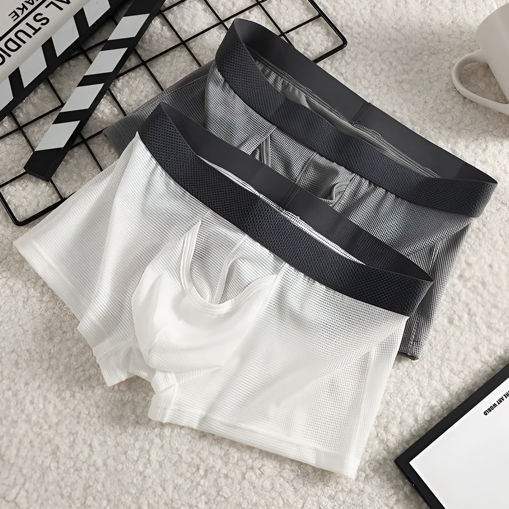 Men's Ice Silk low waist mesh breathable boxer in solid colour nylon fabric