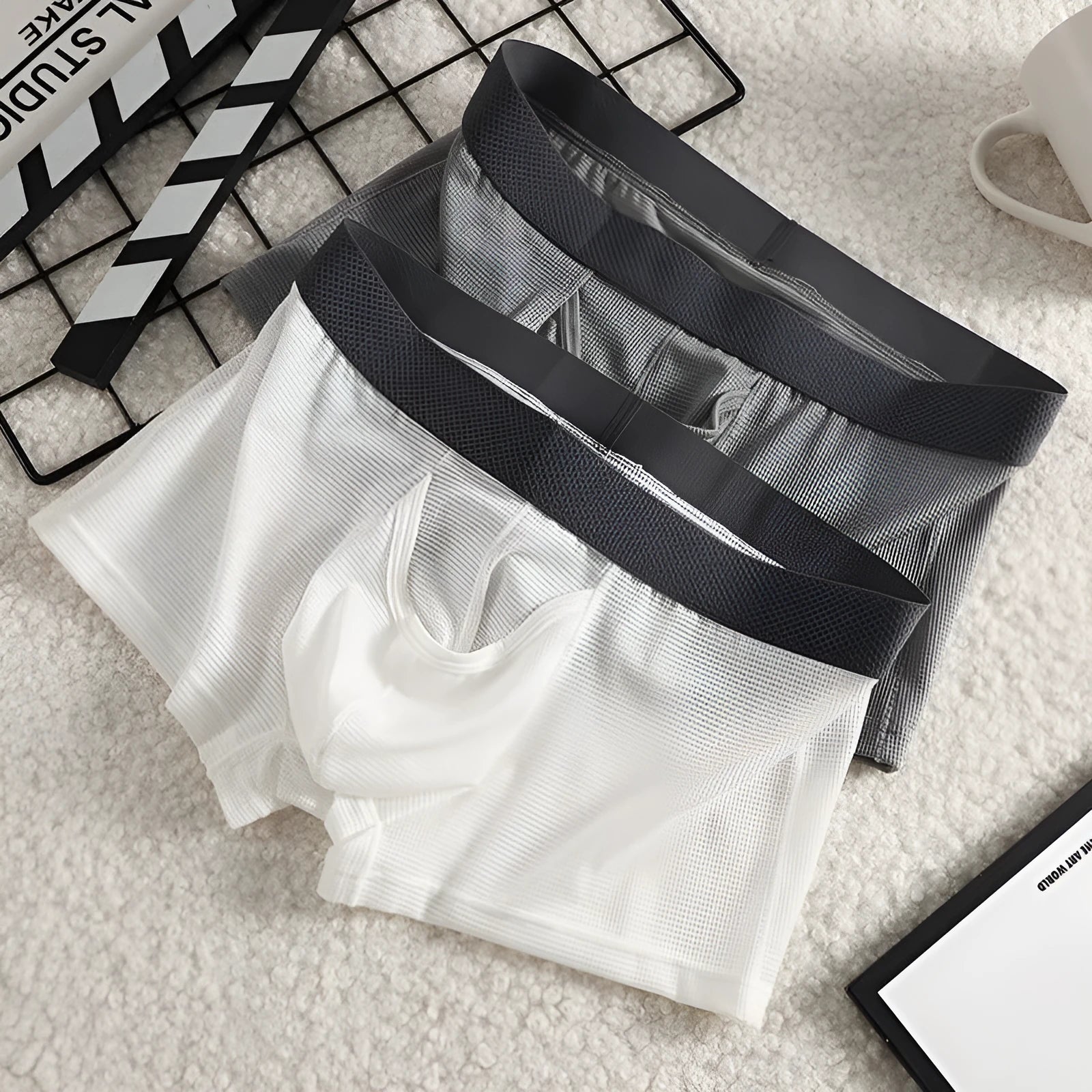 Men's Ice Silk low waist mesh breathable boxer in solid colour nylon fabric