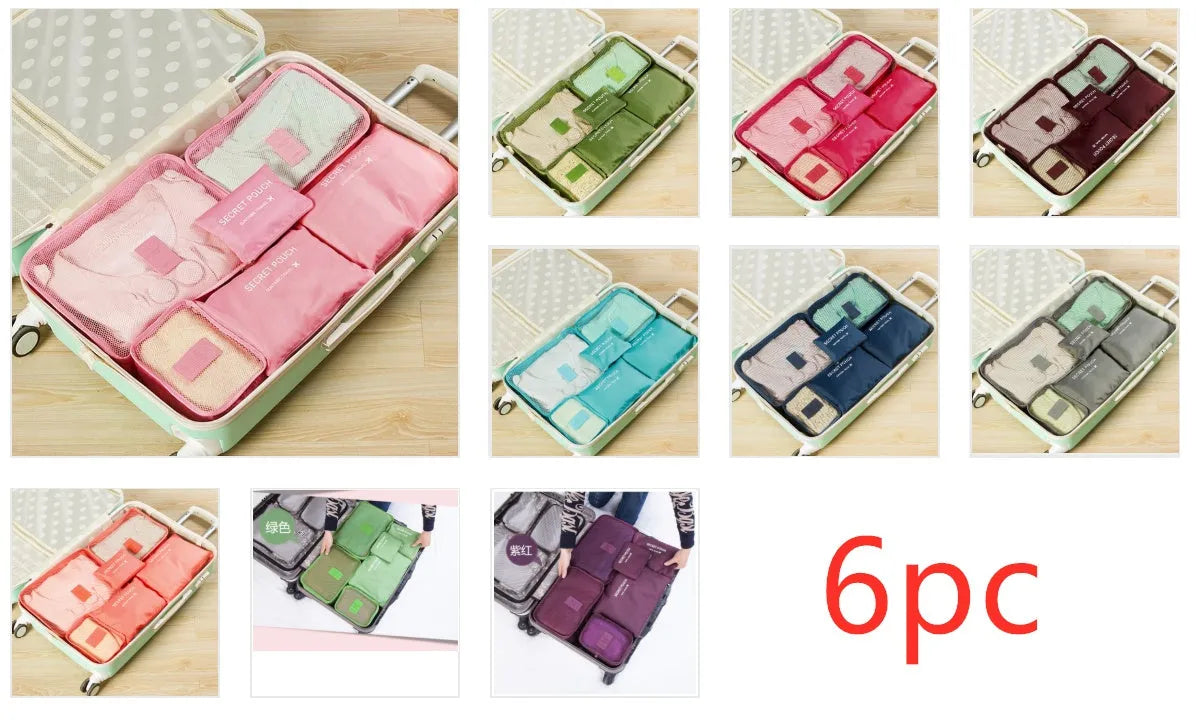 Six-pack of waterproof nylon packing cubes and flat bags in assorted sizes on a light background