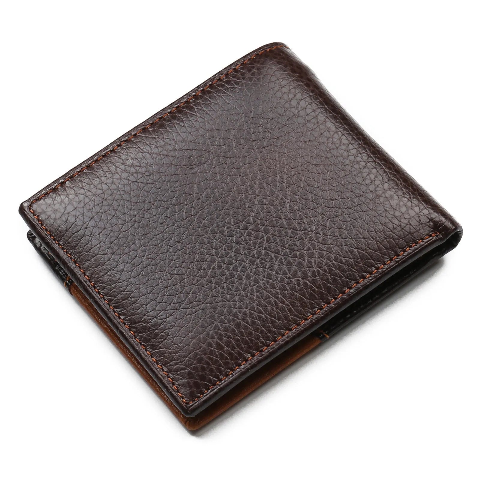 Cowhide leather wallet with personality stitching, horizontal square shape, and multiple internal compartments