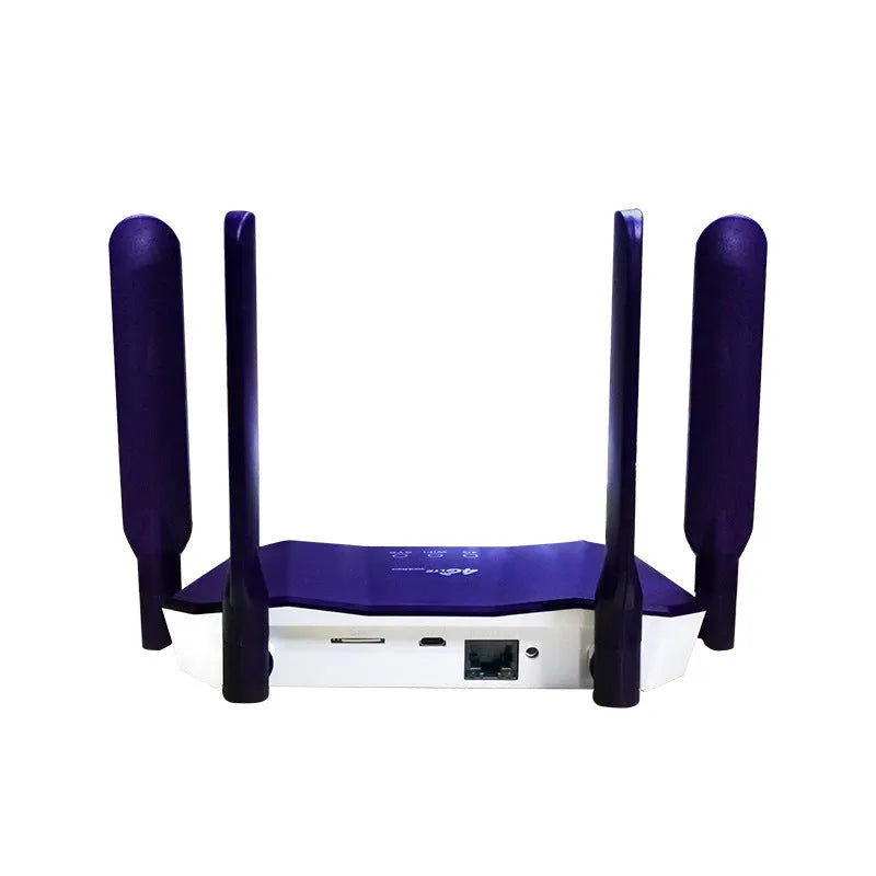 Blue 4G dual-mode router with four antennas, showing compact size and connectivity ports.
