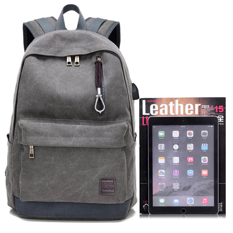 Canvas backpack with USB charging port showing coffee colour variant with laptop compartment