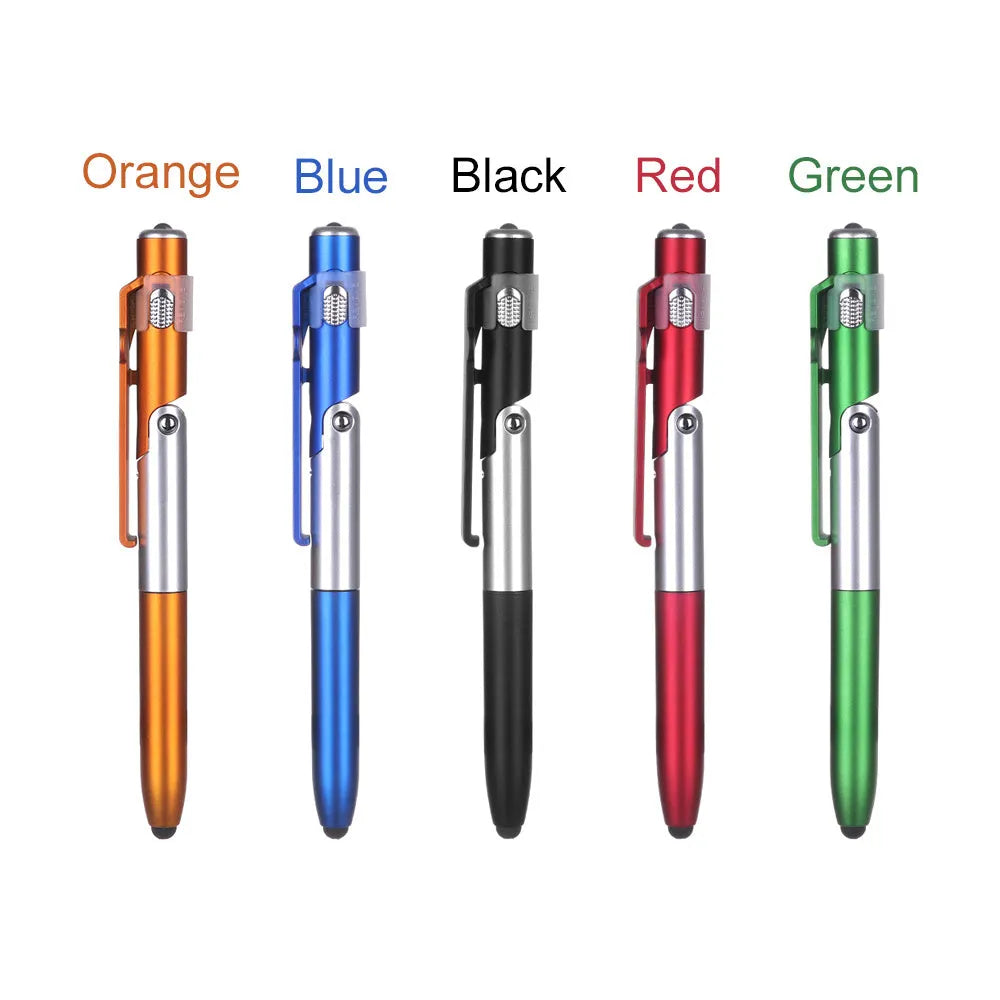 4-in-1 folding light pen mobile phone holder in black plastic, with pen tip and LED light visible