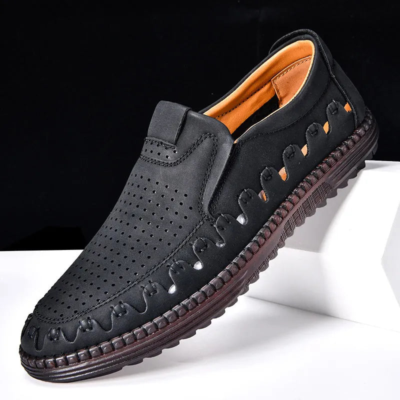 Men's brown slip-on casual shoes with round toe and low-top PU upper.