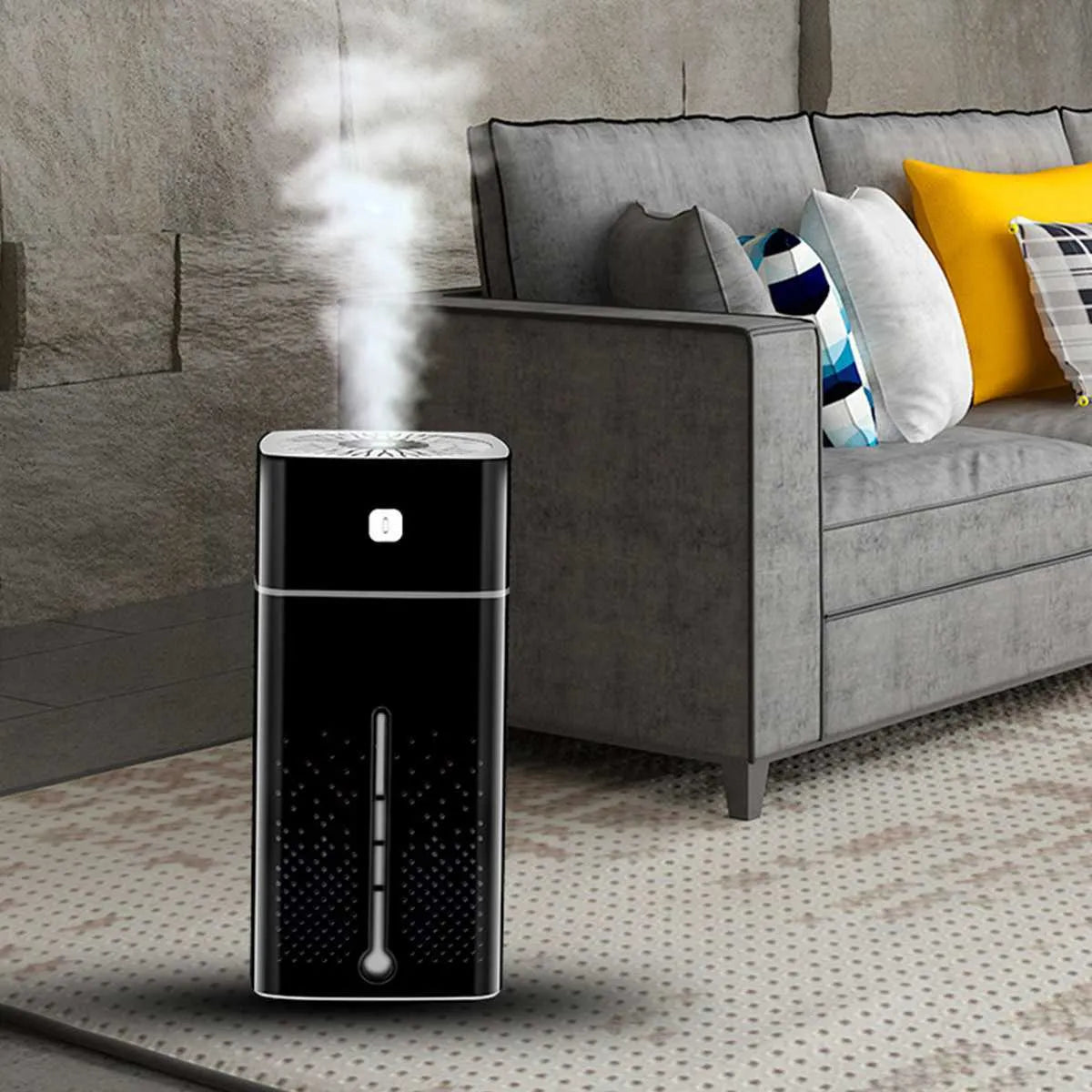 Black and white desktop humidifier with USB cable, showing compact 103x103x218mm size.