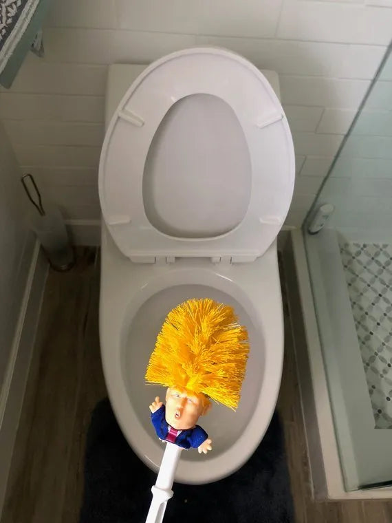 Yellow funny Donald Trump toilet brush made of plastic, 40cm long, with hanging slot