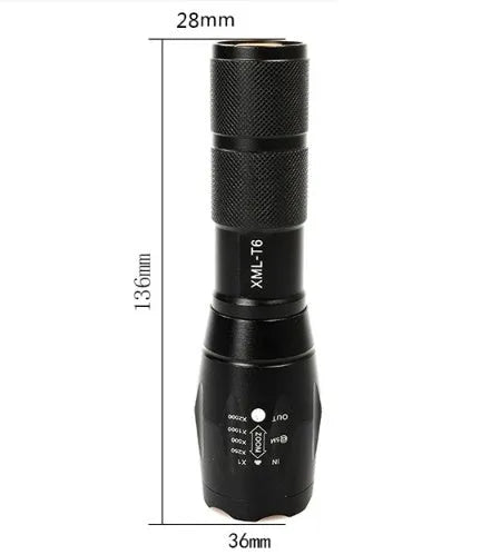 Portable mini LED zoom flashlight in black aluminium alloy body with adjustable focus 500m range