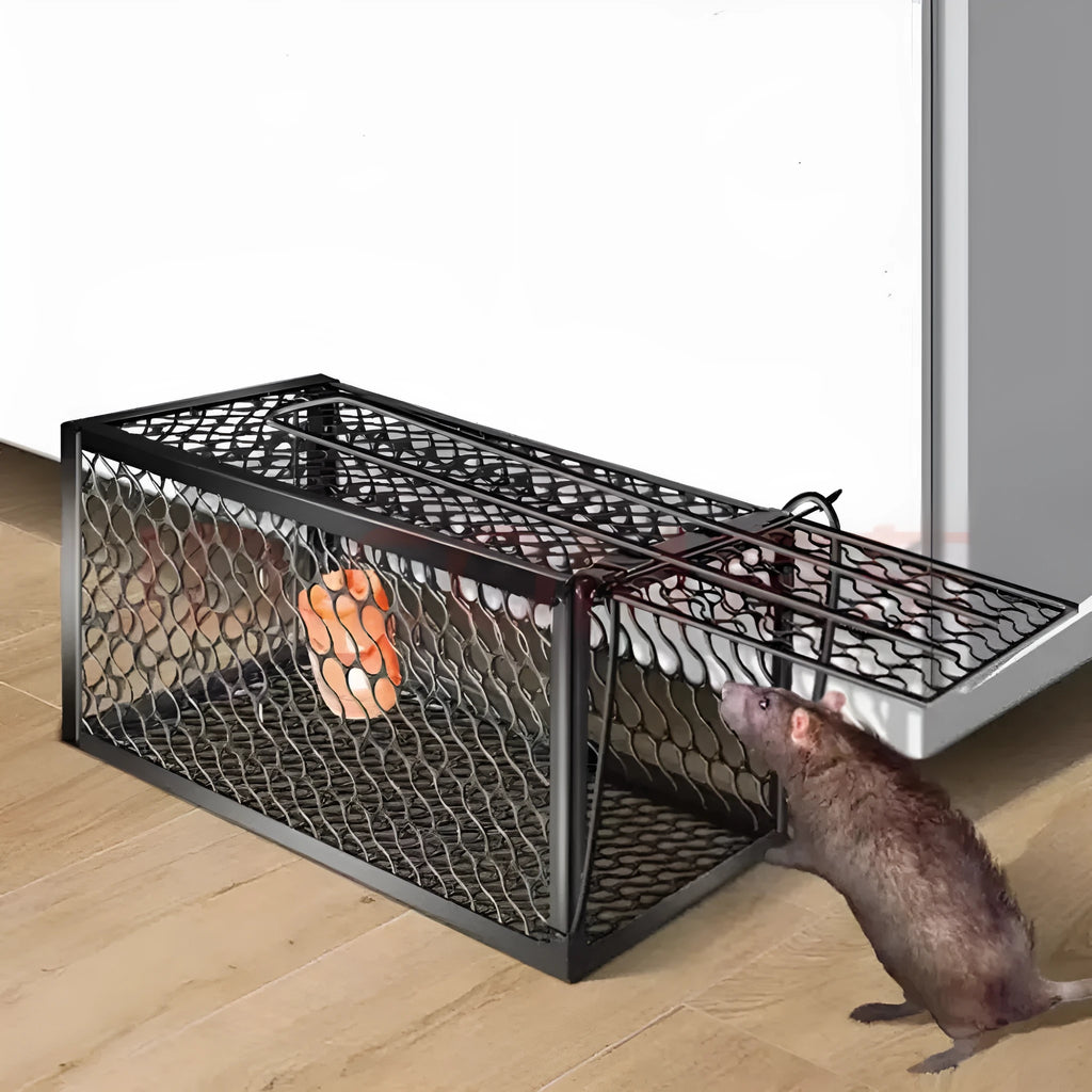 Automatic mouse cage trap showing metal and plastic variants in different sizes