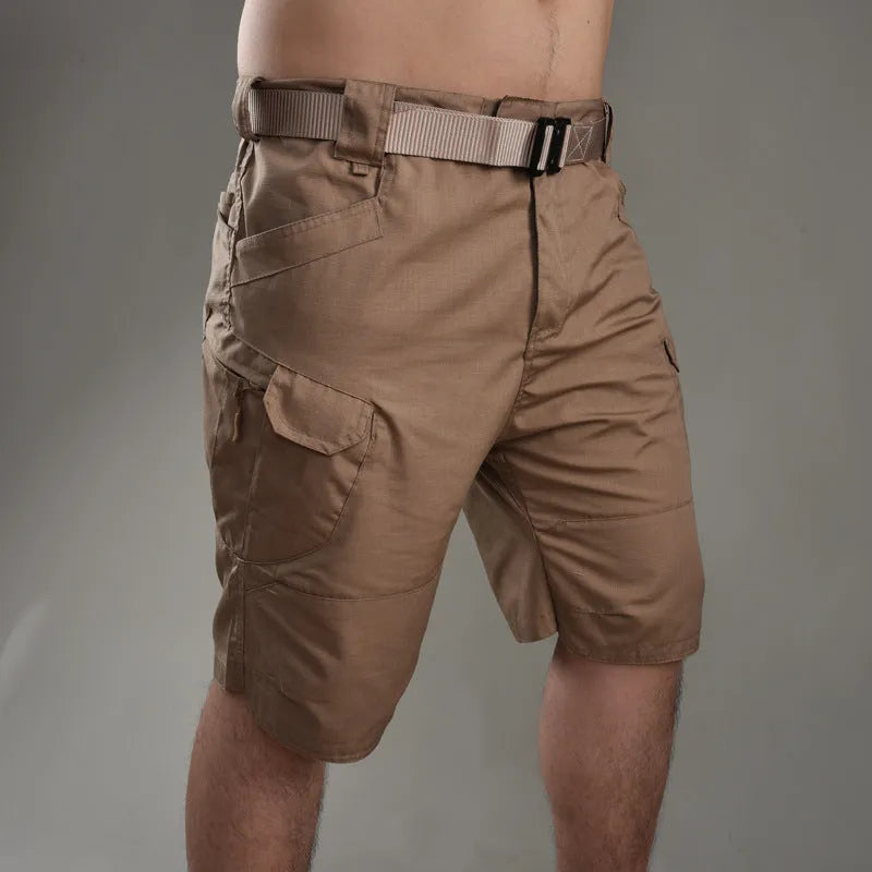IX7 tactical shorts in khaki cotton blend fabric, wear-resistant for hiking camping spring outdoor work, button model closure