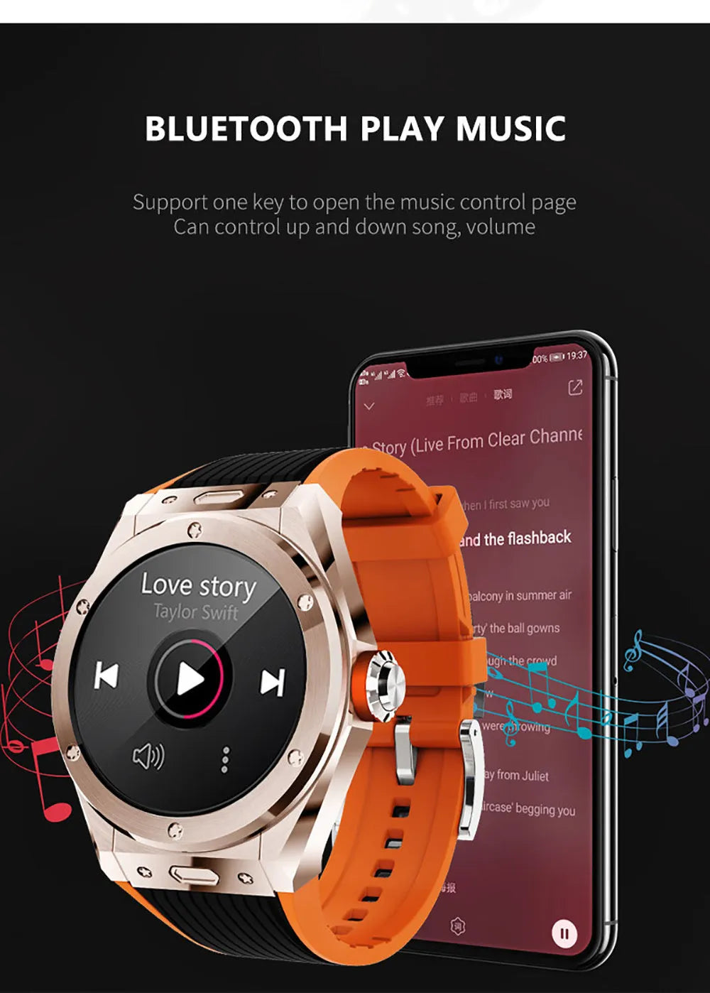 MV58 smart watch with 1.28 inch TFT screen and black silicone strap on wrist displaying heart rate data