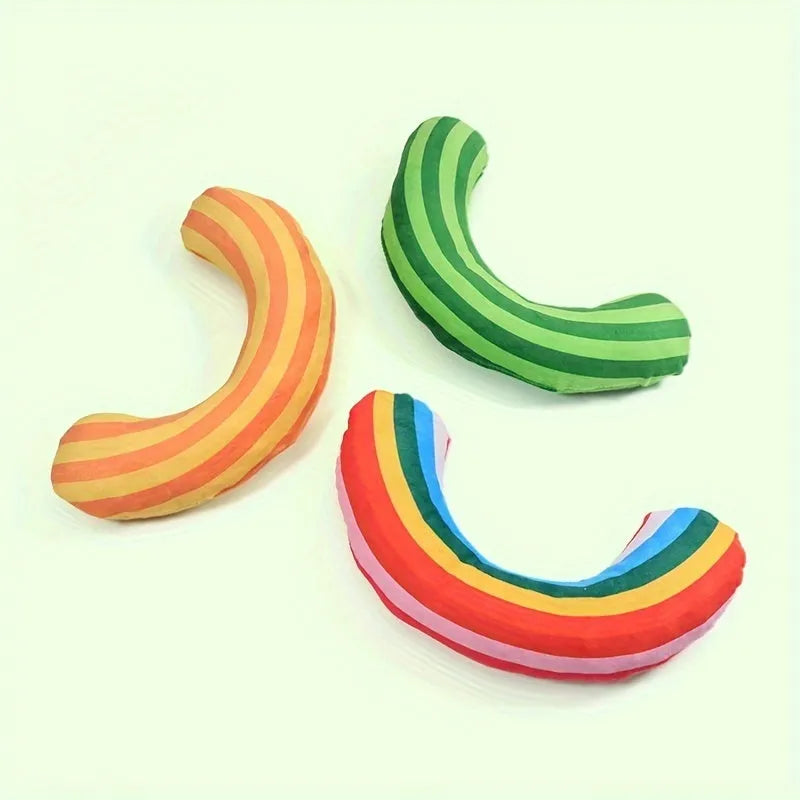 Striped fabric cat pillow toy with a noise maker and catnip strip, measuring 23 cm, in rainbow colours.