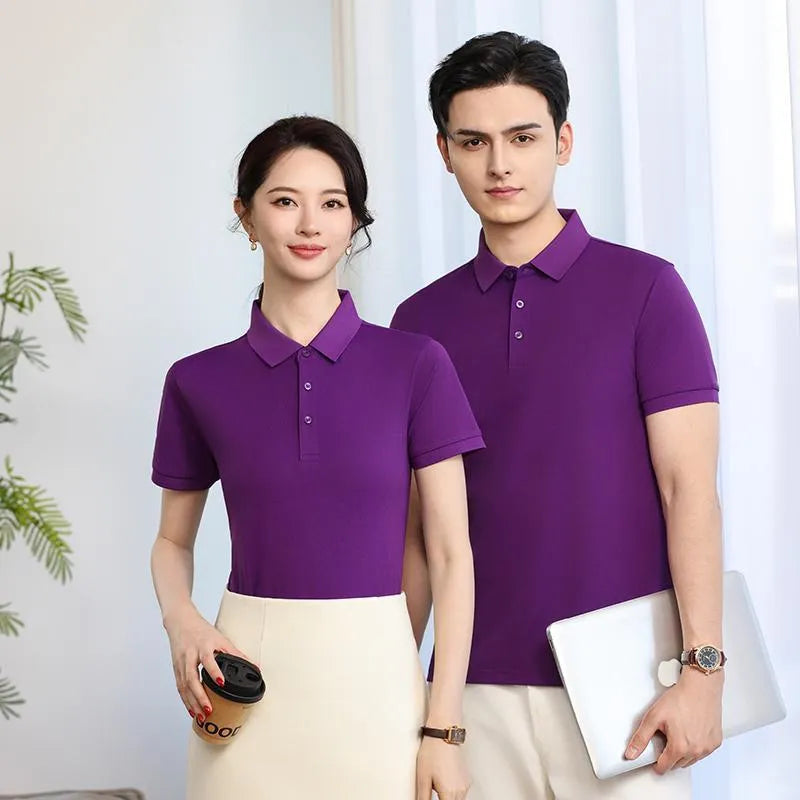 Lapel polo shirt for men and women, short sleeve, 100% polyester, available in 12 colours including light blue and army green