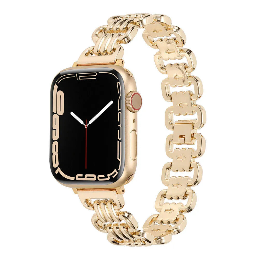 Alloy metal replacement bracelet for Apple Watch in silver, black, gold, rose gold, and Starlight colours.