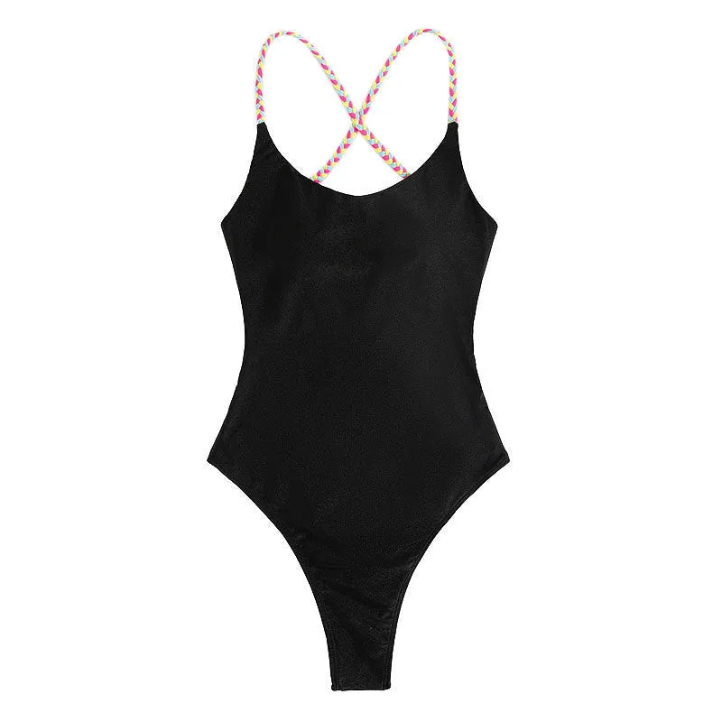Women's one-piece solid colour backless nylon swimsuit in black, front view