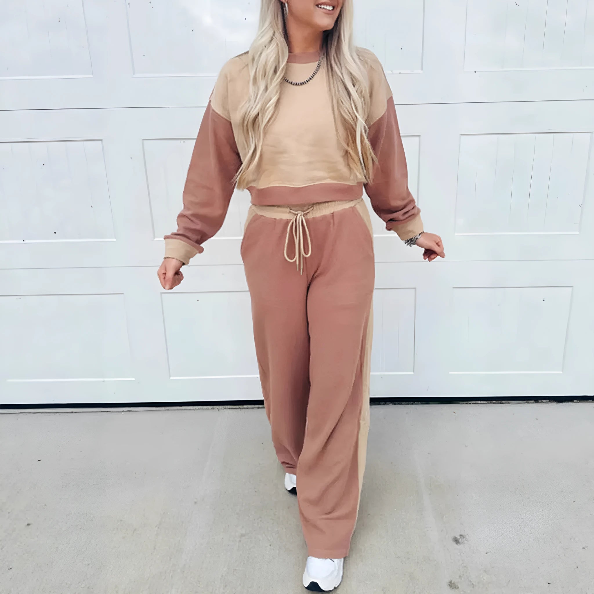 Women's European style camel cotton casual suit set with long trousers on hanger