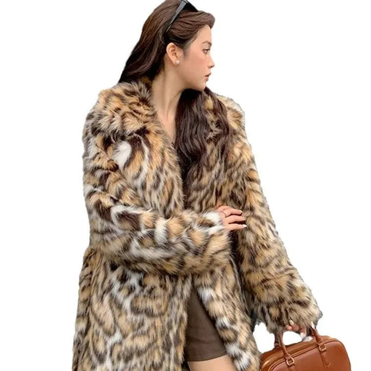 Women's artificial faux fur street-fashion coat with detachable fur collar
