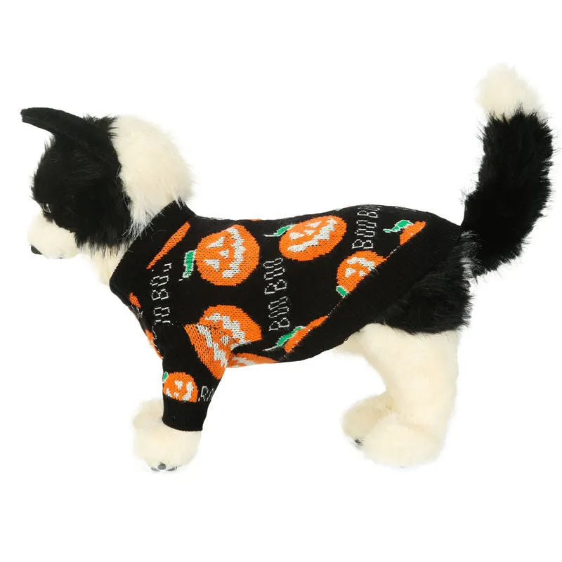 Black polyester dog sweater with orange pumpkin pattern for Halloween, available in multiple sizes