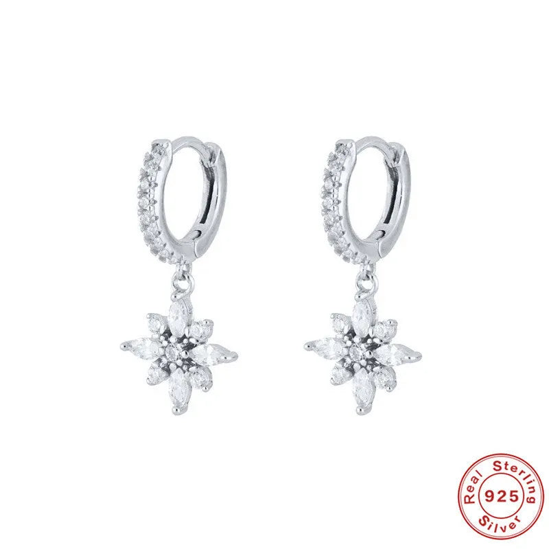 S925 sterling silver diamond snowflake pendant earrings in white gold or yellow gold colour