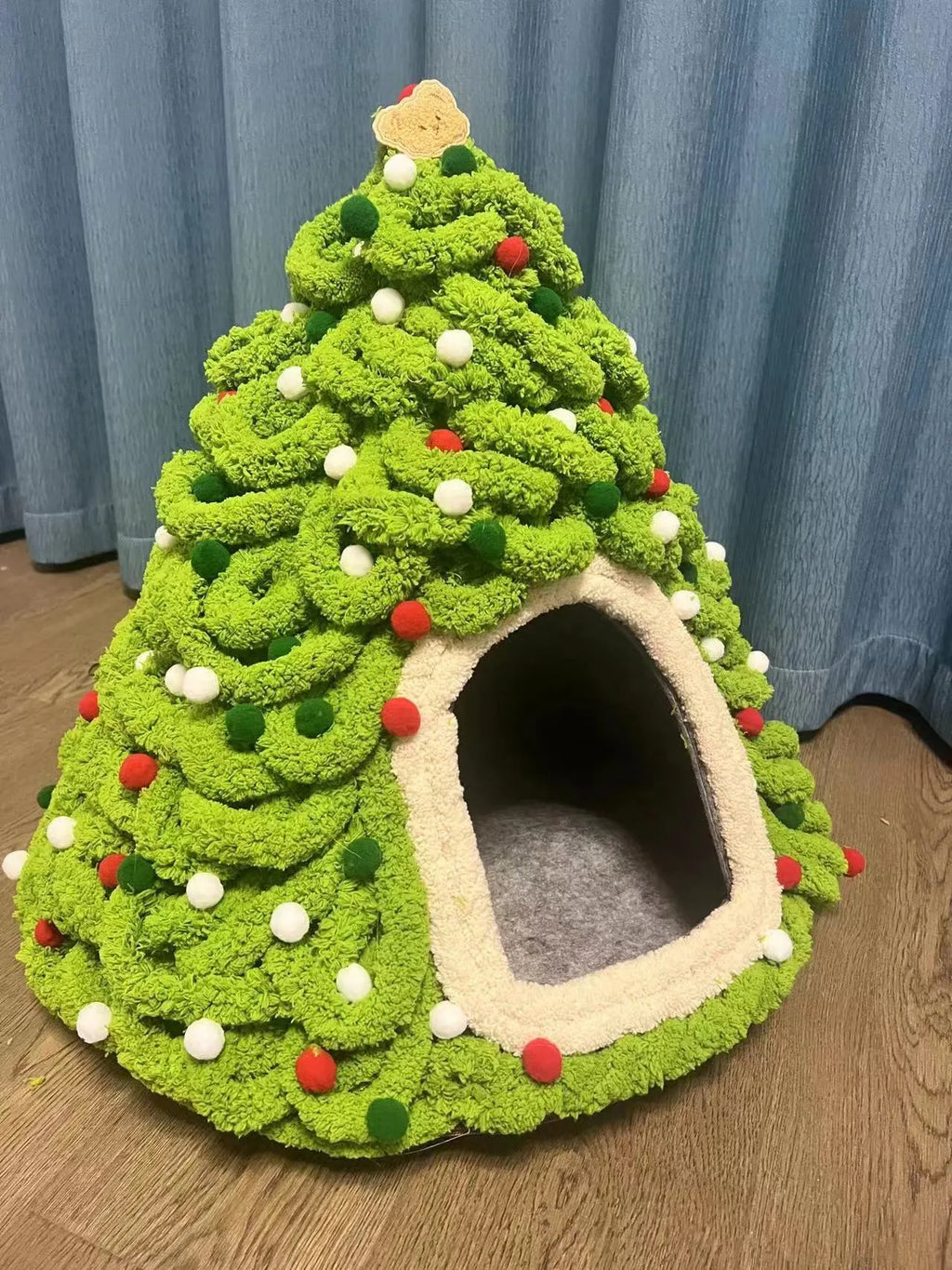 Christmas handmade felt tent style enclosed cat nest in grey, 50cm diameter, for cats under 12 pounds