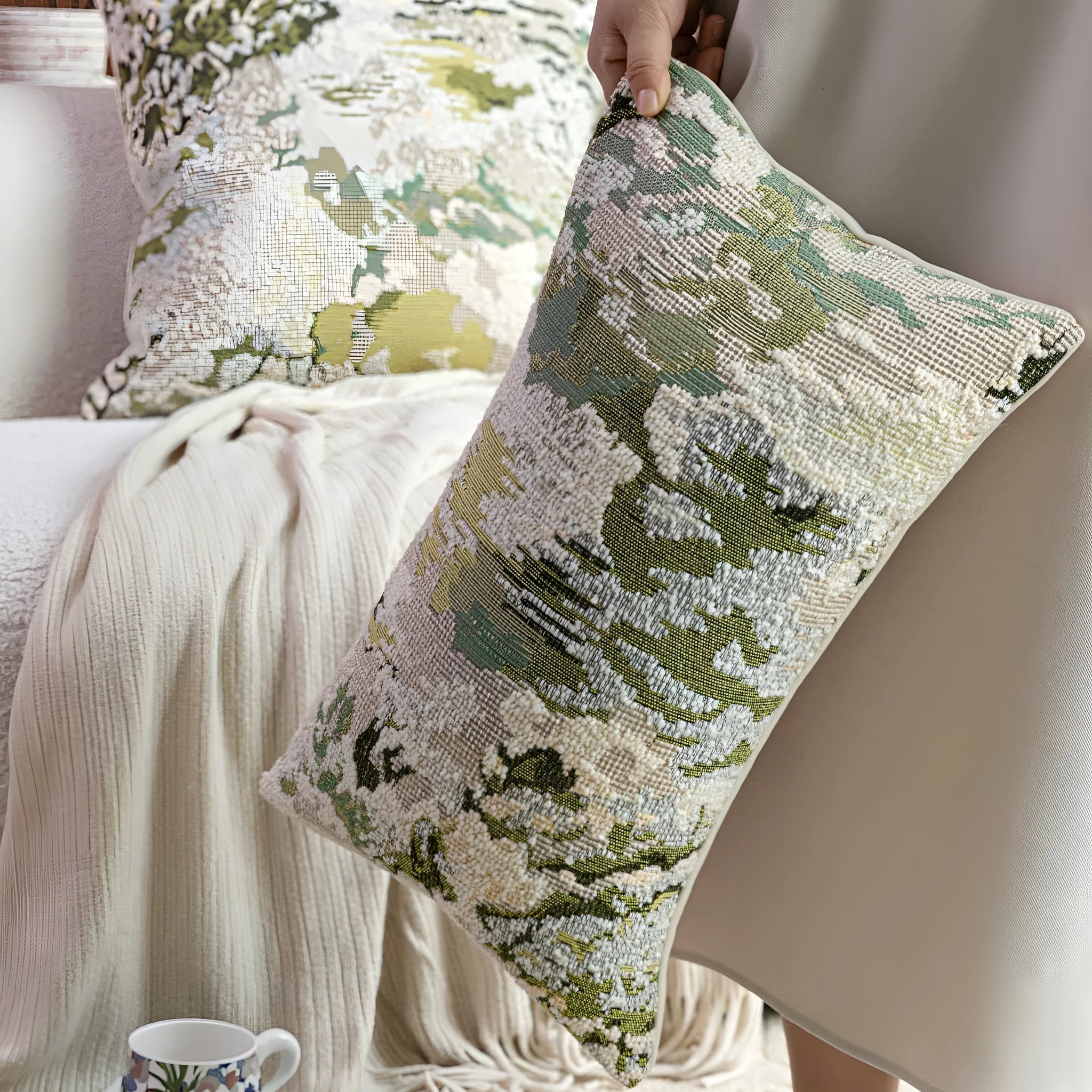 Antique green wool blended cushion with abstract spring flowers pattern, shown in square and waist pillow sizes.