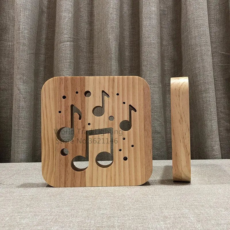Pine wood USB-powered 3D LED atmosphere light with warm white illumination measuring 19 x 19 x 3 cm