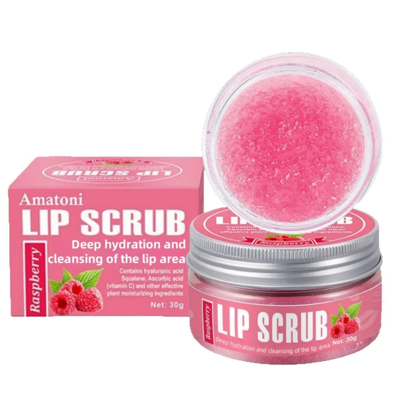 Amatoni 30g lip scrub cream pot in fruit flavours for exfoliating and moisturising lip care