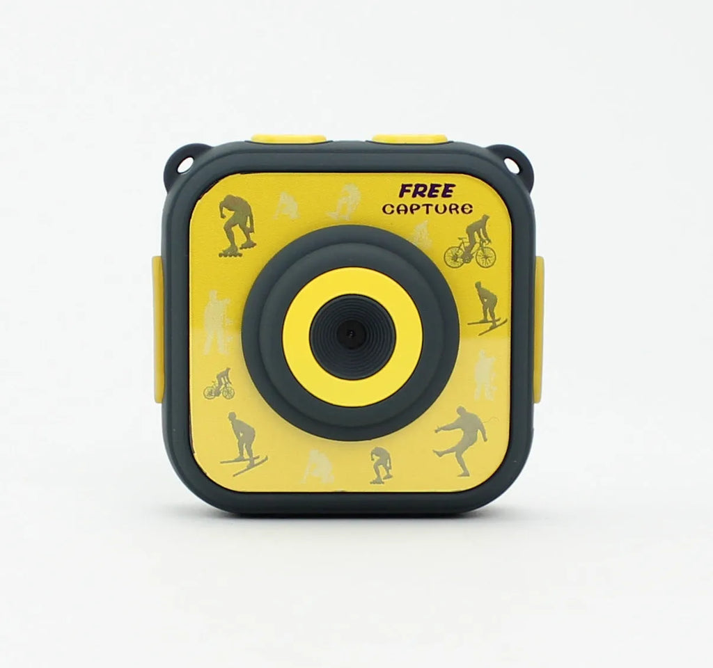 Yellow children's waterproof sports camera with LCD screen and compact design