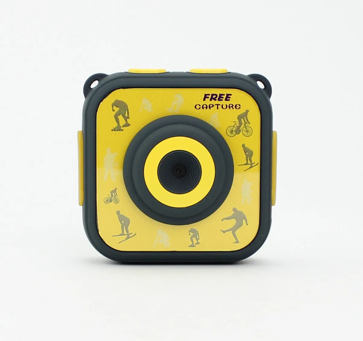 Yellow children's waterproof sports camera with LCD screen and compact design