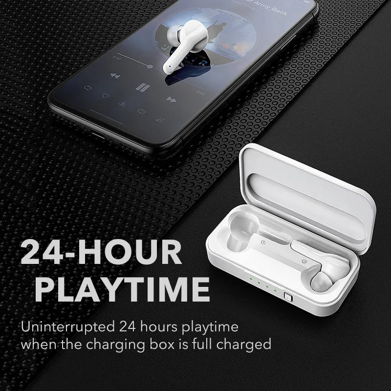 Black and white true wireless Bluetooth earbuds with an IPX5 waterproof rating.
