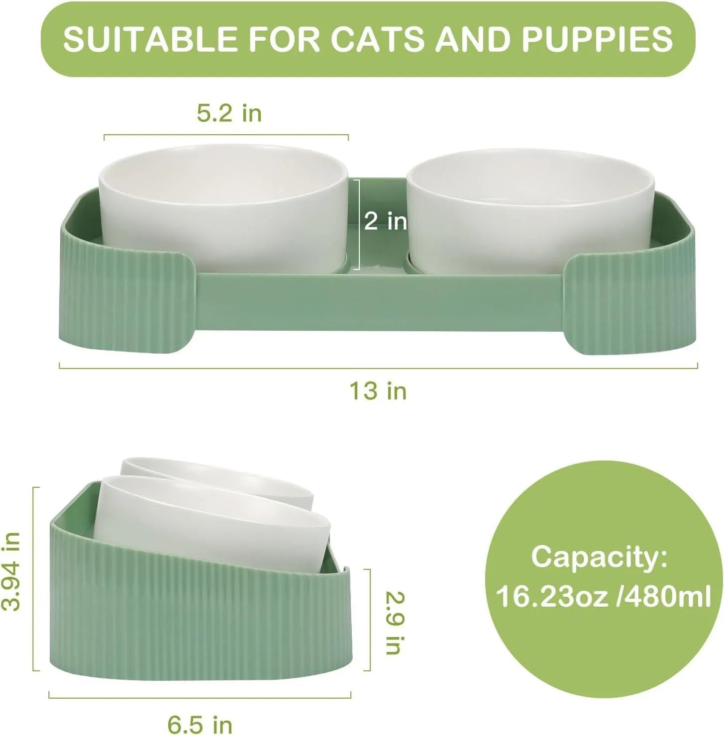 Green and white ceramic elevated cat bowl set with tilted stand and two bowls for food and water.