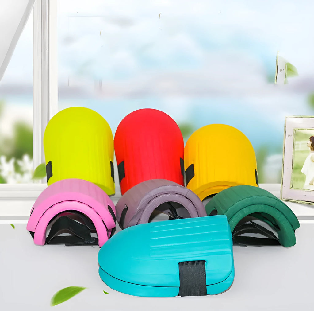 A pair of thick black EVA foam knee pads for gardening and DIY work.