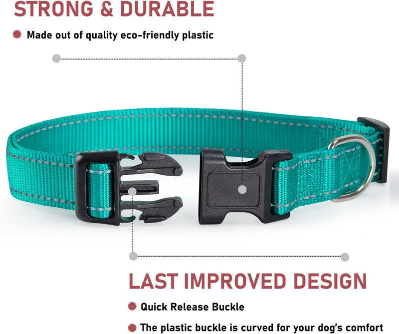 Adjustable nylon dog chest strap collar in black, blue, red, green, orange, purple, and lake blue