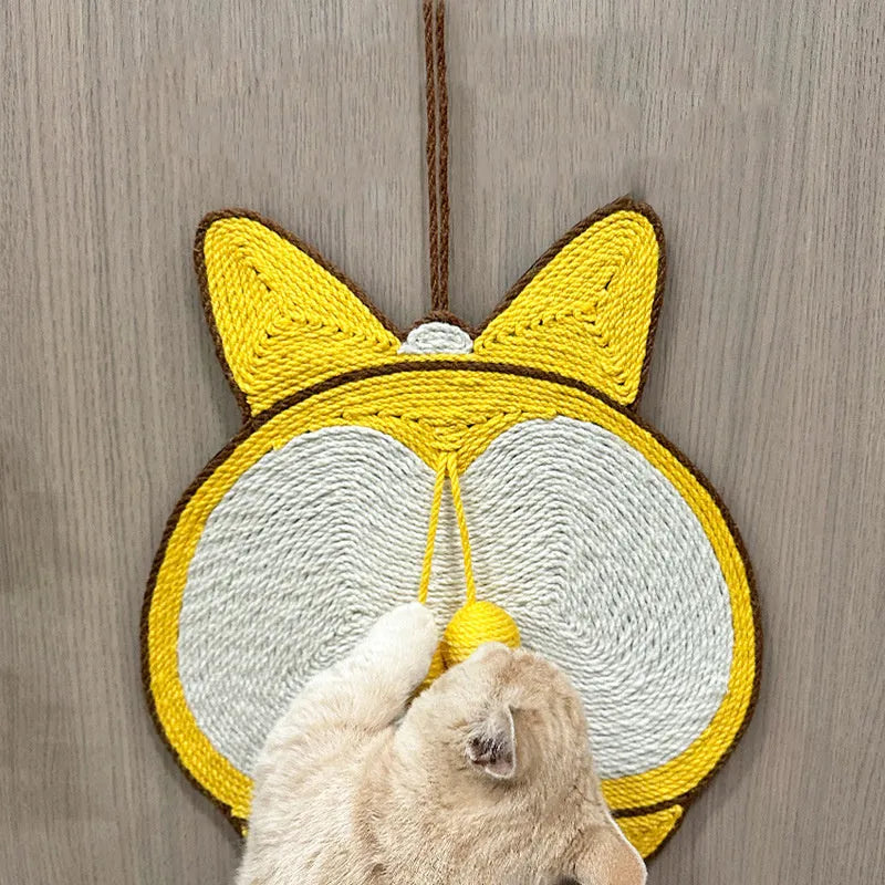 Yellow sisal cat scratching board with Corgi design and anti-slip base.
