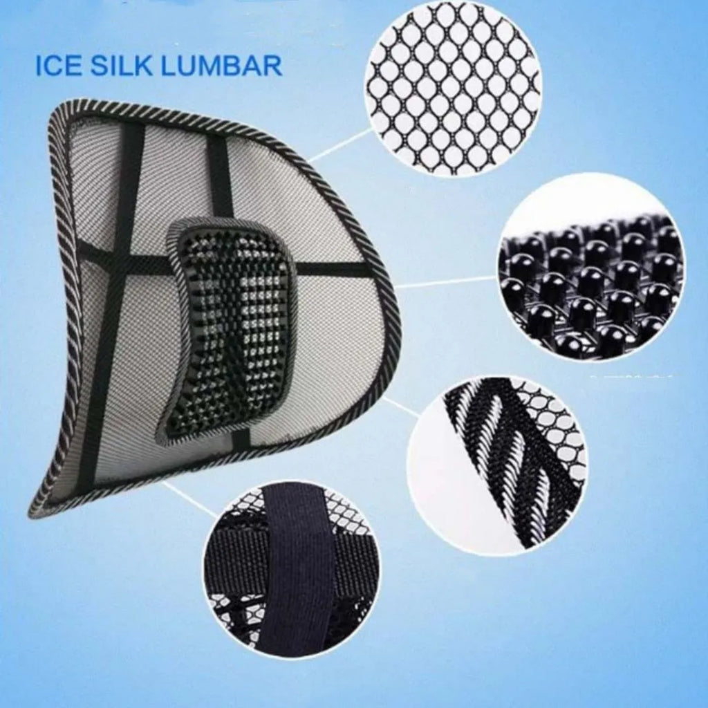 Black polypropylene fibre car lumbar support pillow measuring 41 by 39 centimetres