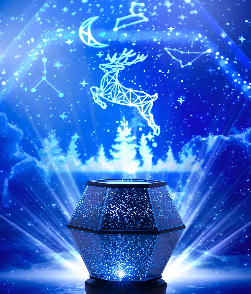 Circular LED rotating stars night light projecting coloured star patterns on wall