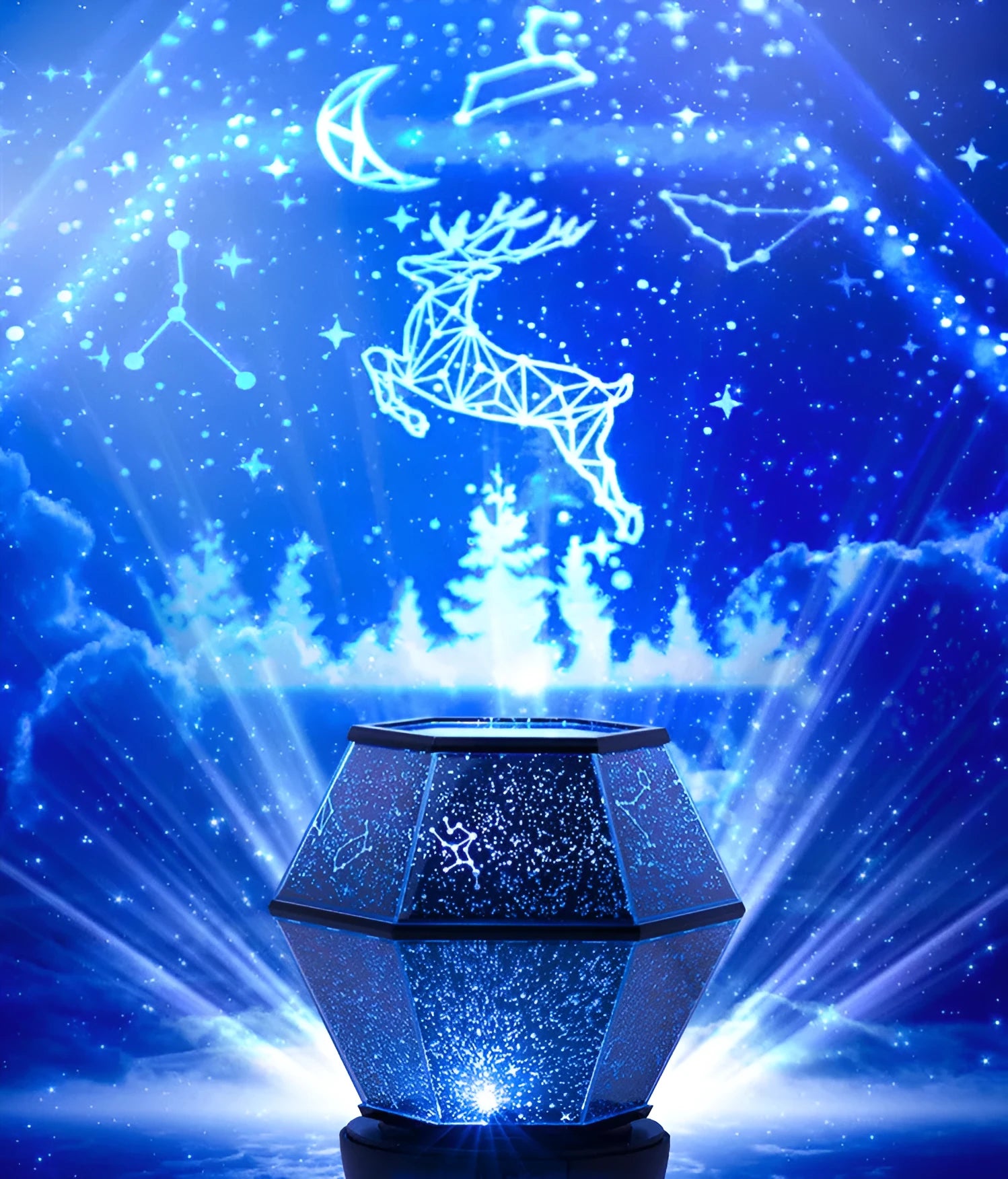 Circular LED rotating stars night light projecting coloured star patterns on wall