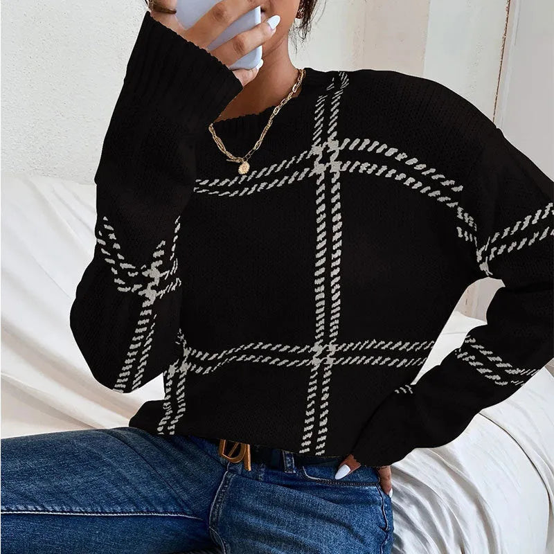 Women's plaid colour-block crew neck acrylic sweater in loose fit with striped pattern