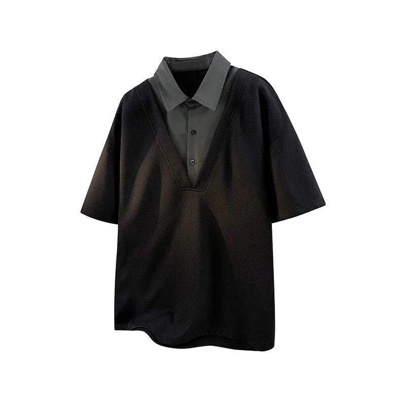 Men's black heavy Henry collar short sleeve polo shirt sweater with padding on a hanger.