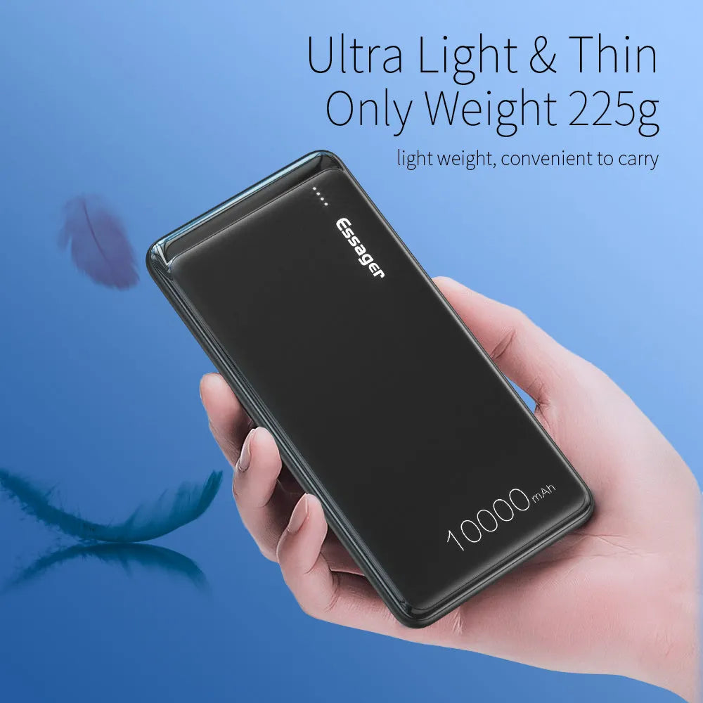 Essager black or white 10000mAh power bank showing dual USB ports and LED indicators
