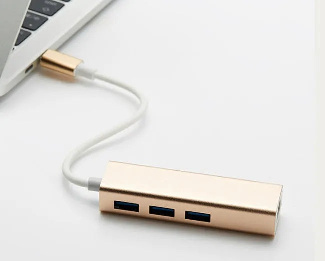 USB 3.0 to RJ45 Type-C Ethernet adapter hub in Champagne Gold, compact size 85x23.5x16.5mm