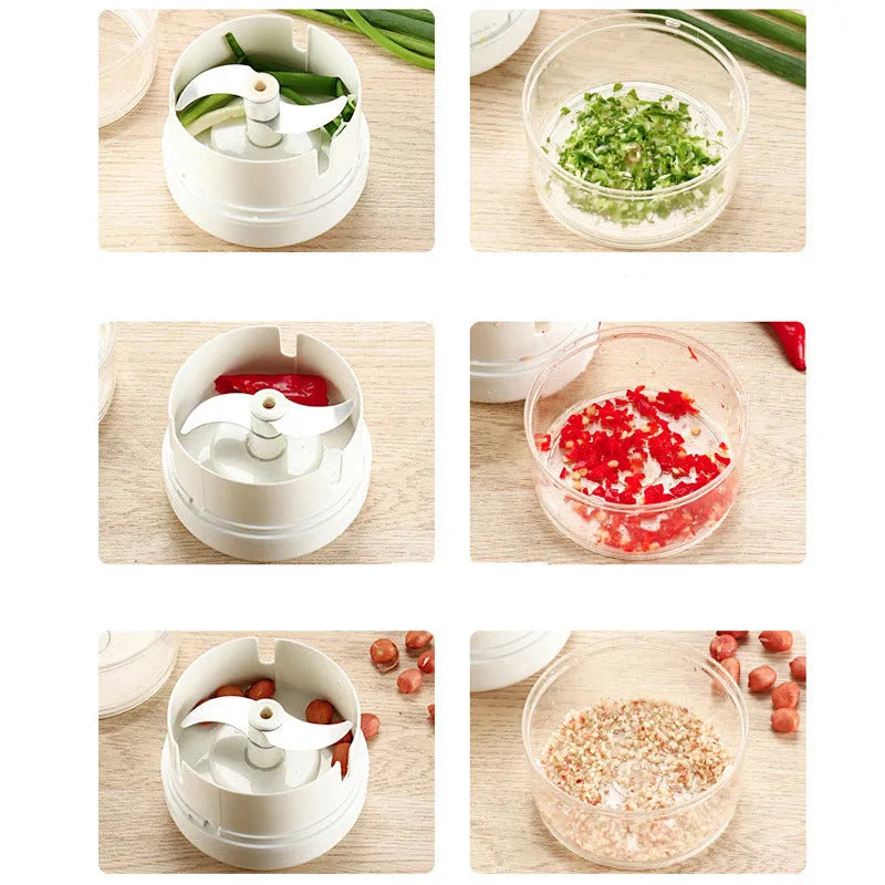 White manual food chopper with 304 stainless steel blades and magnetic attachment, 8.5 x 7 cm size