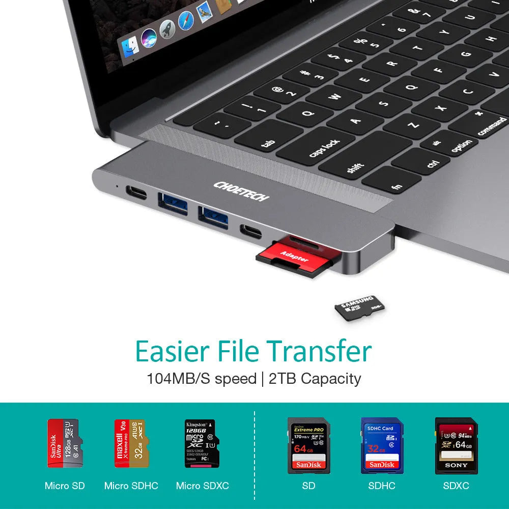 Compact silver USB-C multi-port adapter with SD card slot, HDMI, USB ports, and Thunderbolt 3 connector